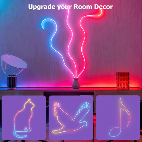 WiFi RGB Rope Lights With Music Sync Waterproof Flexible Dimmable Smart LED Strip for bedroom decor in cat, bird, and music note shapes