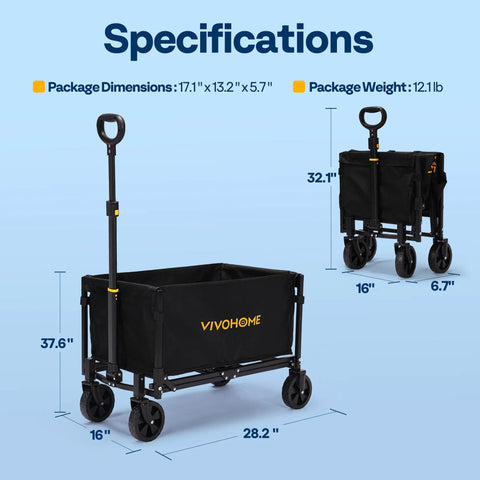 Collapsible Wagon Cart With All-Terrain Wheels, Lightweight Portable Folding Utility Wagon for Groceries, Black, Folded View