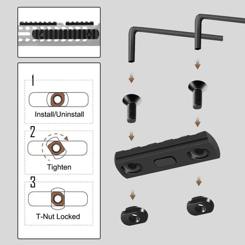 Single Picatinny Aluminum Accessory Rail Set With 3 5 7 9 11 13 Slots, 13 T Nuts And Screws, And 6 Wrench installation guide