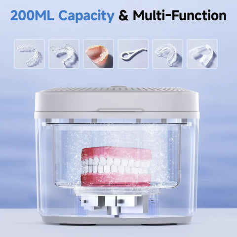 Ultrasonic Denture Cleaner Pod 45kHz With Digital Timer 200ml 4 Modes For Dentures Aligners Night Guards Mouth Guards Toothbrushes And Jewelry, 200ML capacity