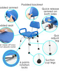 Swivel Pivot Shower Chair With 360 Degree Rotating Seat Padded Seat Back And Armrests Non Slip Base features diagram