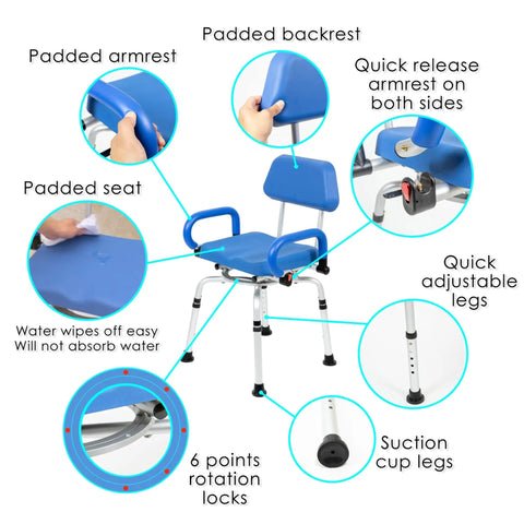 Swivel Pivot Shower Chair With 360 Degree Rotating Seat Padded Seat Back And Armrests Non Slip Base features diagram