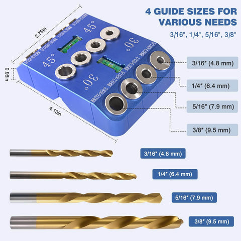 Angle Drill Guide Jig Kit With Fixed 30 Degree 45 Degree And 90 Degree Angles Portable Doweling Jig With Four Sizes HSS Bits