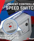 Close-up of parent-controlled speed switch on Kids Electric Dirt Bike For Ages 8 And Up With 24V Battery, Blue.