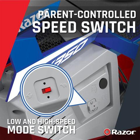 Close-up of parent-controlled speed switch on Kids Electric Dirt Bike For Ages 8 And Up With 24V Battery, Blue.