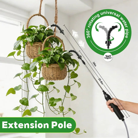High Reach Plant Waterer With Type C Wireless Wand spraying hanging plants with stainless steel telescopic wand from 25.6 to 34 inches