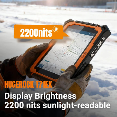Person holding Industrial Grade Explosion Proof 7 Inch Android Tablet For Hazardous Areas Zone 2 ATEX Intrinsically Safe Petrochemical Worksite With 2200 Nits Ultra Bright Display IP68 Waterproof NFC Octa Core WiFi Tough As Nails HUGEROCK T71EX outdoors