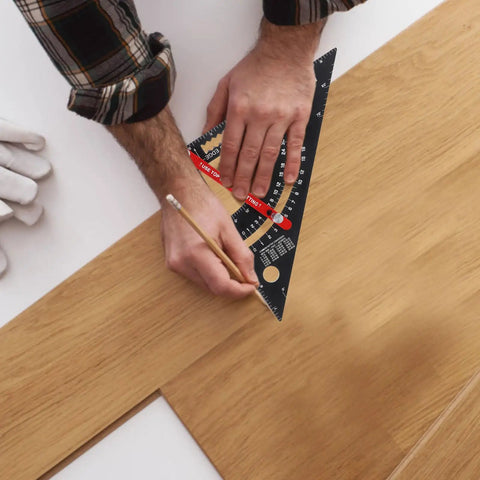 Pro Grade Adjustable Aluminum Triangle Ruler With Imperial Scale 7-Inch Woodworking And Carpentry Square in use on wood.