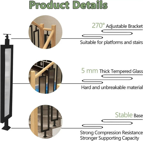 Rock Solid Black Iron Stair Spindles Featuring Tempered Glass Balusters Heavy Duty Staircase Railing Kit product details showcasing adjustable brackets, thick glass, and stable base.