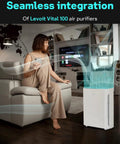 Woman using smartphone near air purifier, Vital 100 Replacement Filter 2 Pack for Levoit Vital 100 and VAVA air purifiers shown.