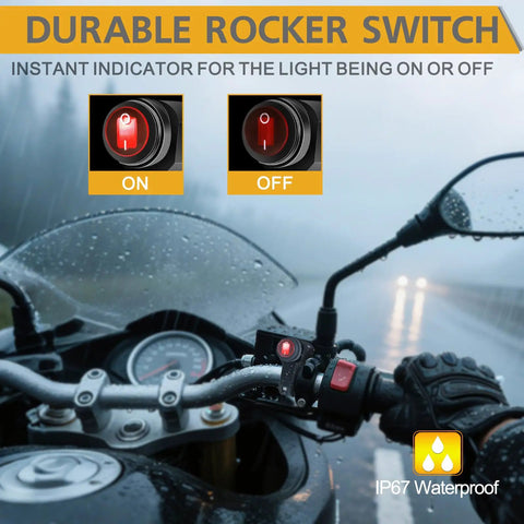Durable rocker switch for light bar wiring harness kit with handlebar switch for 12V LED bars and fog lights in wet conditions