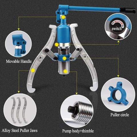 Top Shelf Hydraulic Gear Puller With 5 To 50 Ton Capacity showcases movable handle and alloy steel jaws for easy hub separation.