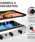 Four Burner Portable Propane Griddle With Electronic Ignition 40,000 BTU Flat Top Gas Grill on display with blue flame.