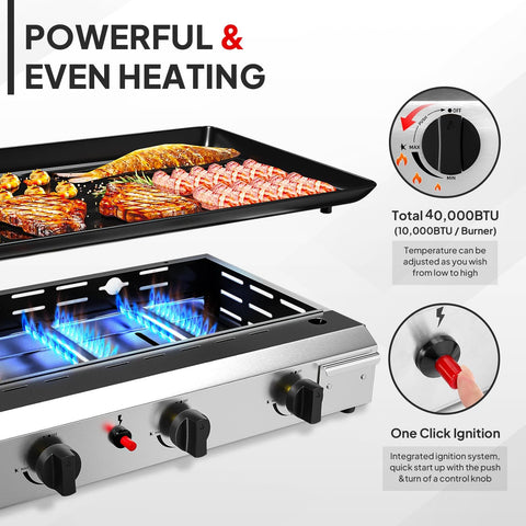 Four Burner Portable Propane Griddle With Electronic Ignition 40,000 BTU Flat Top Gas Grill on display with blue flame.