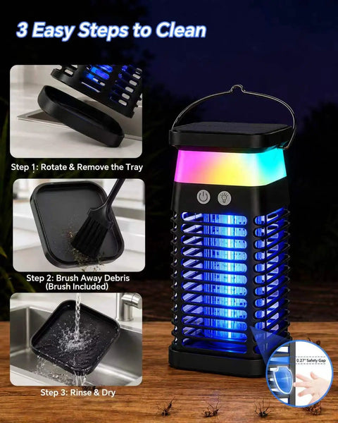 Solar Powered 3 In 1 Mosquito Zapper With Flickering Flame And RGB Light Totally Cordless Waterproof Bug Repellent For Backyard Patio Camping And Home And Indoor Use USB Rechargeable And Solar Charged