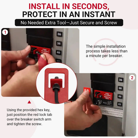 Close-up of Fire Alarm Breaker Lockout Kit With Ten Sets Lock Tabs 8-32 Hex Keys FA EC Warning Labels during installation.