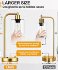 Comparison of Gold Industrial Table Lamp Set With USB Port showing size differences and features in gold and glass design
