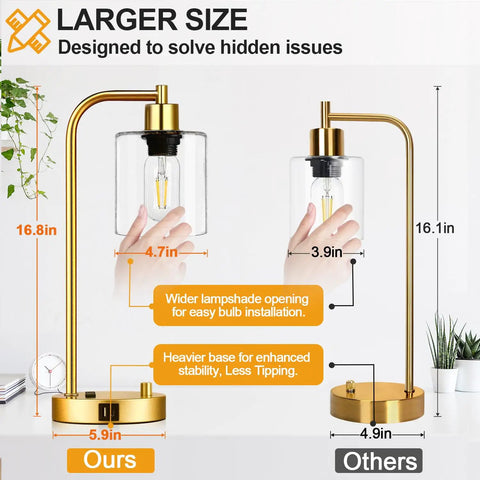 Comparison of Gold Industrial Table Lamp Set With USB Port showing size differences and features in gold and glass design
