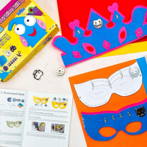 LilyPad Sewable Electronics Starter Kit with colorful felt crowns, sewing components, and beginner instructions for Arduino projects.