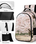 Soft Pink Sakura Spring Scene Printed Unisex Backpack with large capacity, durable polyester, smooth zipper, and side pockets.