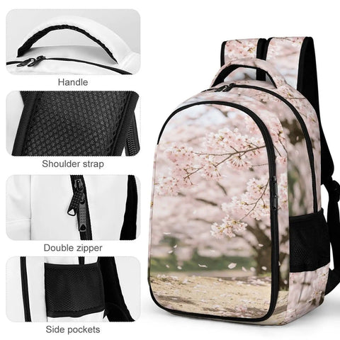 Soft Pink Sakura Spring Scene Printed Unisex Backpack with large capacity, durable polyester, smooth zipper, and side pockets.