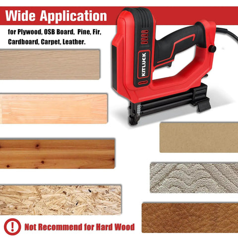 2 In 1 Electric Brad Nailer And Staple Gun With 18 Gauge Nails And Narrow Crown Staples, durable corded power tool for woodworking and carpentry image with various materials.