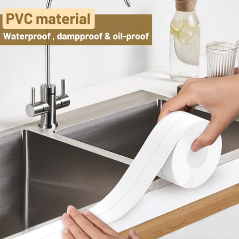 Applying Waterproof Self Adhesive Caulk Tape 3 Roll Set 1.5 Inch By 10.5 Foot Sealant Strip on kitchen sink edge