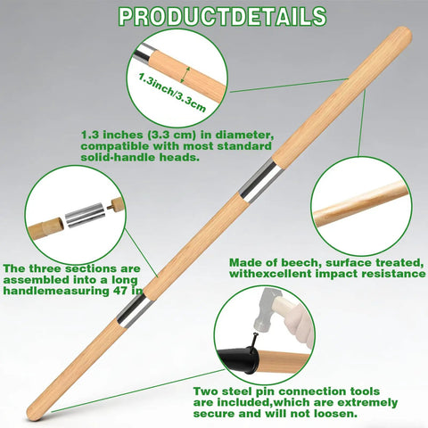 Wooden Hoe Handle Replacement 47 Inch Long with 1.3 Inch Diameter Tapered End showing beech wood details and assembly features.