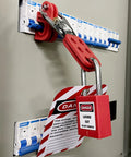 All In One Lockout Tagout Kit For Electrical Safety With Group Lockout Hasps, Lockout Tags, Numbered Padlocks, Nylon Ties And Red Pocket Bag installed on electric panel