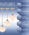 Brass Gold White Modern Dope Schoolhouse LED Pendant Light Fixture with 9.5 Inch Drop Adjustable Hanging Lamp features