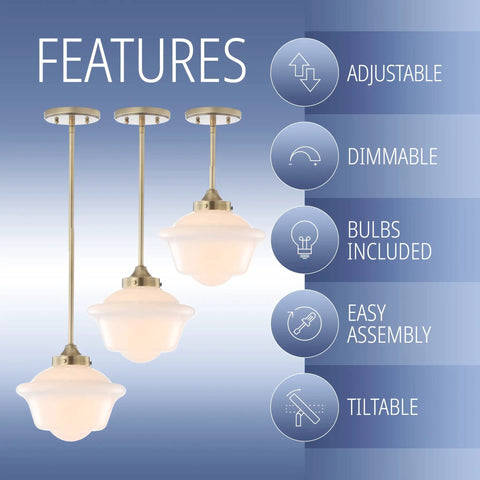 Brass Gold White Modern Dope Schoolhouse LED Pendant Light Fixture with 9.5 Inch Drop Adjustable Hanging Lamp features