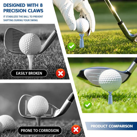Image comparing Three Pack Rotating Height Adjustable Golf Tees for Mats with traditional tees, showing stability and durability differences