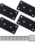 Heavy Duty Mending Plates And Black Corner Braces Built Tough As Nails For Furniture Repairs Or Woodworking Fixes Rust Resistant Coating Comes In 4 Pack With Screws, four black plates with screws.