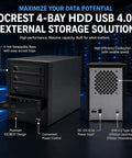 Rock Solid USB C External Storage 4 Bay Sata Hdd Ssd Enclosure showcasing four hot-swappable bays and USB 4.0 Type-C connector.