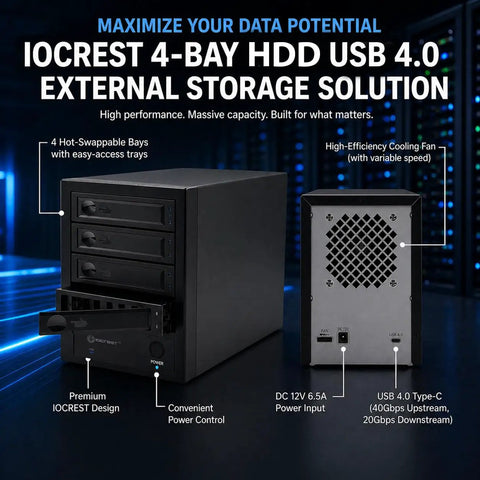 Rock Solid USB C External Storage 4 Bay Sata Hdd Ssd Enclosure showcasing four hot-swappable bays and USB 4.0 Type-C connector.