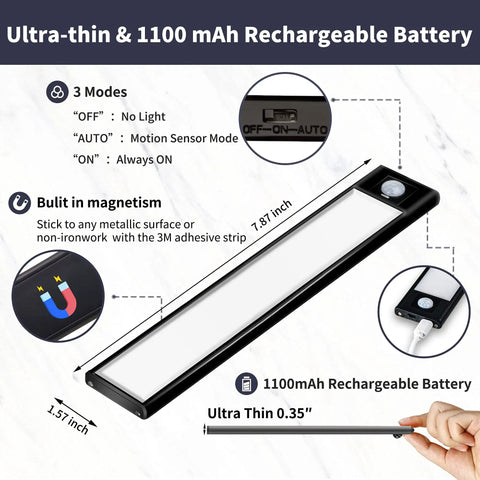 Image of 3 Pack Under Cabinet Lights With Motion Sensor And 31 LED Magnetic Closet Lights Battery Operated Rechargeable Wireless Under Counter Lighting For Kitchen Black, showing ultra-thin design and battery features.