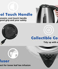 Stainless Steel Electric Kettle 1.8L With 1100W Rapid Boil, BPA Free Tea And Coffee Maker showing cool touch handle, cord, and infuser.