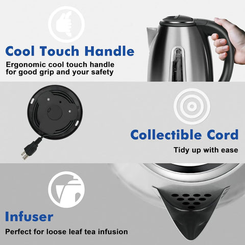 Stainless Steel Electric Kettle 1.8L With 1100W Rapid Boil, BPA Free Tea And Coffee Maker showing cool touch handle, cord, and infuser.