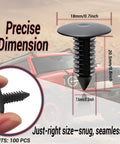 7mm Universal Car Fender And Bumper Shield Fastener Clips displayed with dimensions, against a car background