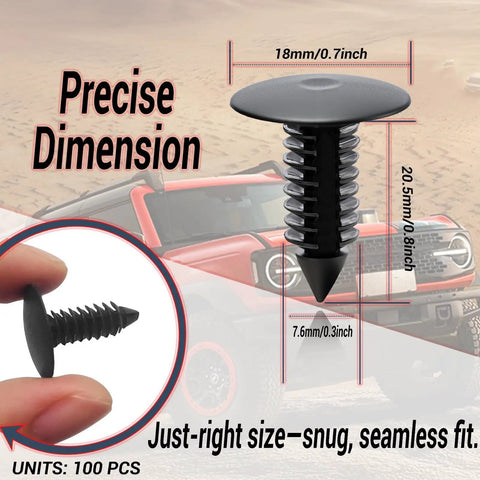7mm Universal Car Fender And Bumper Shield Fastener Clips displayed with dimensions, against a car background