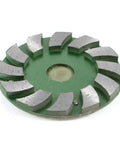 Turbo Cup Wheel Finishing Tool with 12 metal segments, green and silver tone, 3.5 inch diameter, for grinding granite and engineered stone