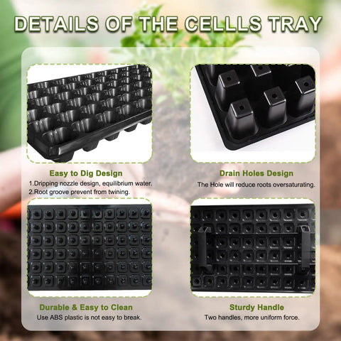 Close-up of 72 Cell Seed Starter Trays Kit with visible drain holes, sturdy handle, and easy-to-clean durable design details.