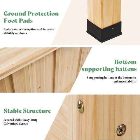 Raised Garden Bed With Sturdy Stand For Backyard Or Patio, 48x30x24 Inch Light Wood Planter Box With Bed Liner, Legs, Divider, Drainage Holes, And 330 Lb Capacity showing ground protection foot pads, bottom supporting battens, and stable structure with galvanized screws.