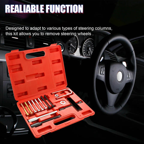 All In One Car Steering Wheel Puller Kit With Lock Plate Remover And Compressor Removal Set in red case inside car