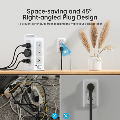 15 In 1 Tower Power Strip With USB And ETL Certified 1800J Surge Protection featuring space-saving right-angled plug design