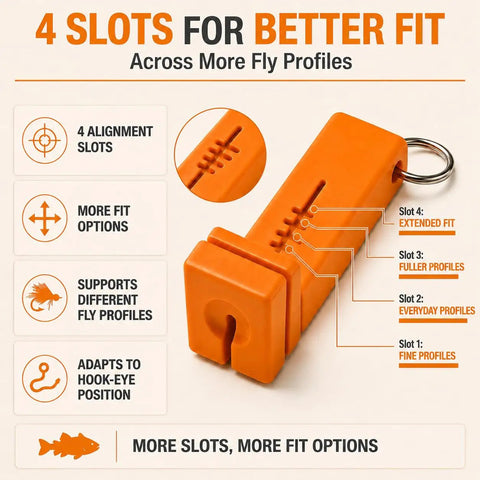 Two Pack Magnetic Fly Threader And Knot Tying Tool With Keychain In Orange, Grab And Go Fishing Gear For Quick Threading And Easy Secure Knots, Great Spare Set For You And Your Buds On The Water. Orange fly threader with 4 alignment slots and keyring