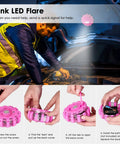 Pink Car Emergency Kit For Women And Teens With 10 Ft Jumper Cables, First Aid Kit, LED Flare, Deer Whistles, And More Roadside Help Essentials. Close-up of pink LED flare with installation steps.