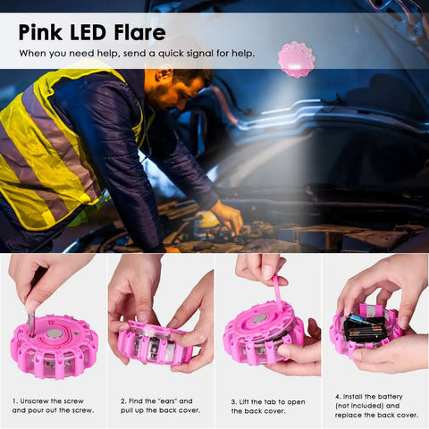 Pink Car Emergency Kit For Women And Teens With 10 Ft Jumper Cables, First Aid Kit, LED Flare, Deer Whistles, And More Roadside Help Essentials. Close-up of pink LED flare with installation steps.
