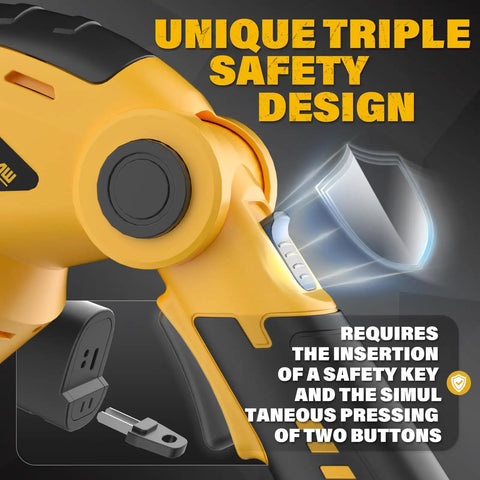 Cordless Hedge Trimmer And Grass Shears 2 In 1 with safety key design and dual-button activation system, yellow