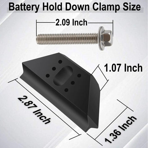 Heavy Duty Base Clamp Battery Hold Down Kit For Cars Trucks Suv Anti Vibration Stabilizer, clamp and bolt size dimensions.
